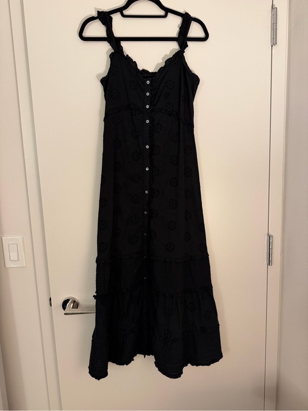 GAP Black Button-Front Eyelet Maxi Dress with Ruffled Straps